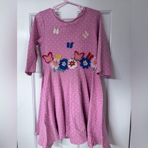 Mini Boden Pink Polka Dot Kids Dress with Butterfly Appliqué; Size 6-7